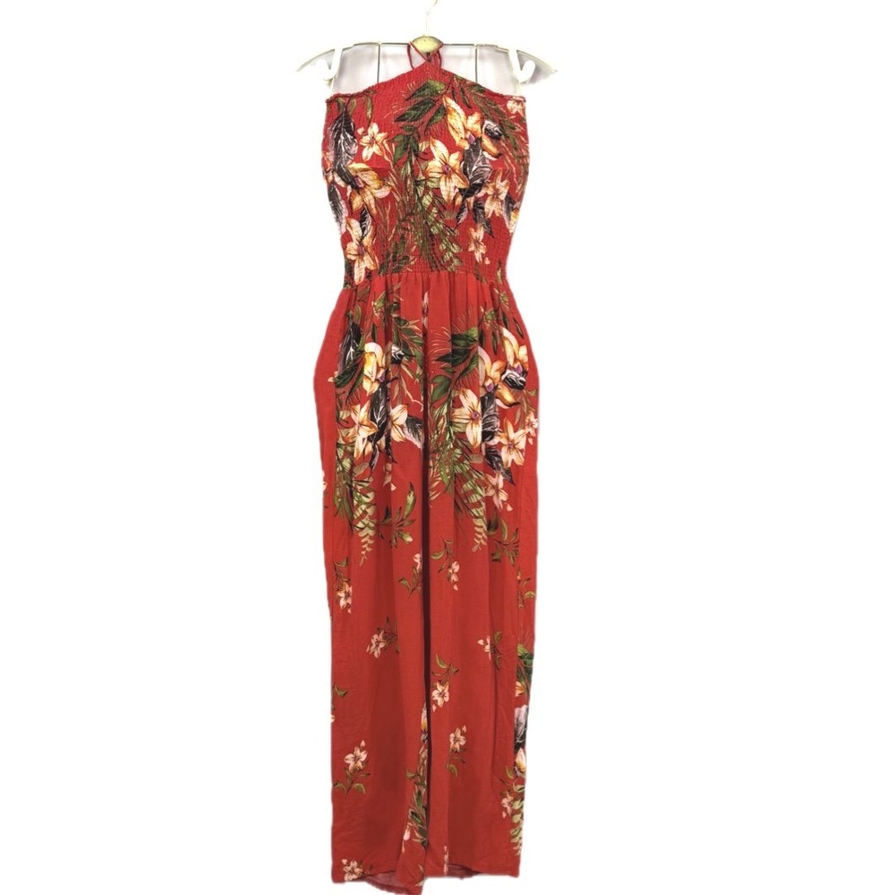 Red Tropical Floral Smocked Halter Wide Leg Jumpsuit with Pockets Summer Beach